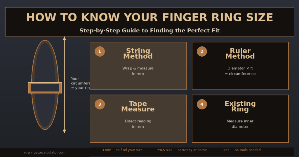 Step-by-step guide showing how to measure finger ring size at home