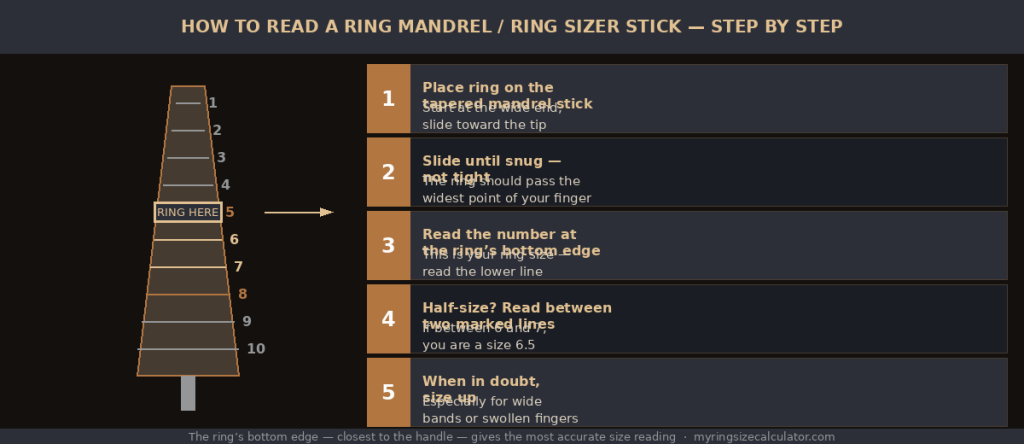 Reading ring size on metal mandrel stick sizer tool