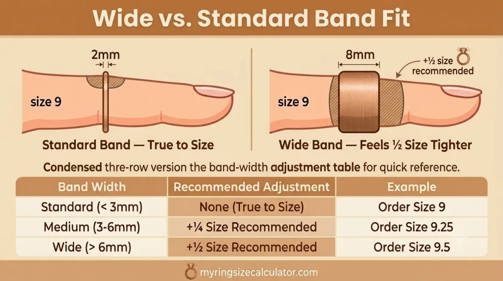 Illustration comparing how a wide band versus a standard band fits at the same ring size.