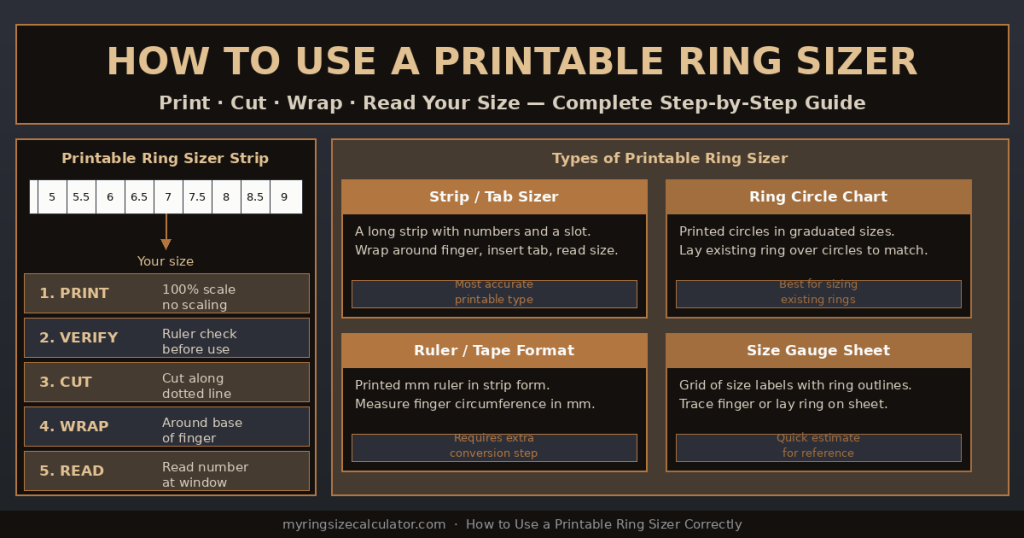 Printable ring sizer strip wrapped around finger for accurate sizing