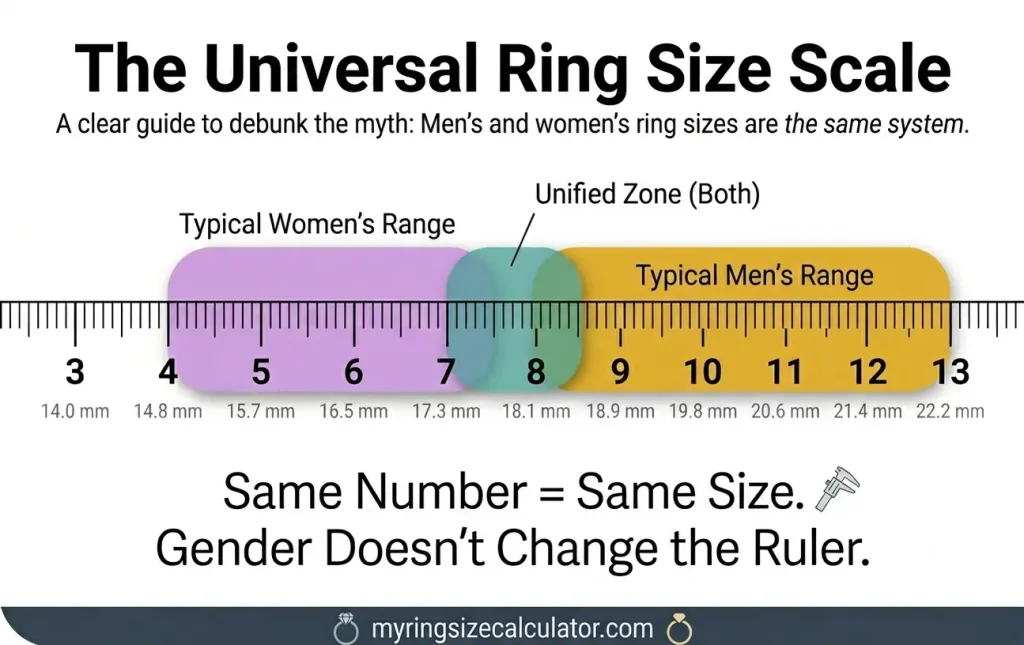 Diagram showing ring sizing is a single unisex scale from size 4 to size 13