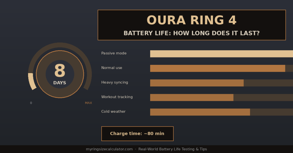 Oura Ring 4 battery life tested in real-world 2026 conditions, showing how long it lasts on a single charge.