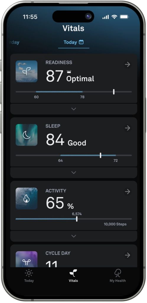 Daily readiness and stress insights from Oura Ring 4 displayed on a smartphone screen.