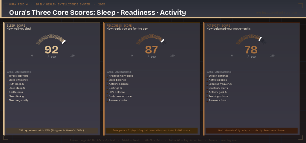 Oura Ring three core scores dashboard: Sleep Score, Readiness Score, and Activity Score with their seven contributors and science-based benchmarks