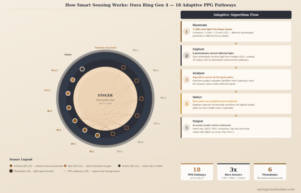 Oura Ring Gen 4 Smart Sensing 18-path PPG technology diagram showing LED pathways, adaptive signal selection, and accuracy improvement statistics