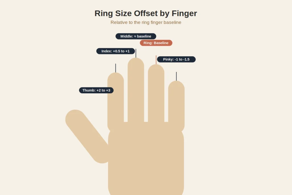 Ring sizes by finger: comparison showing why each finger on the same hand may require a different ring size due to shape and width.