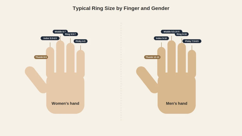Ring size reference chart showing standard sizes for men and women across different fingers and ring styles for accurate ring fitting.