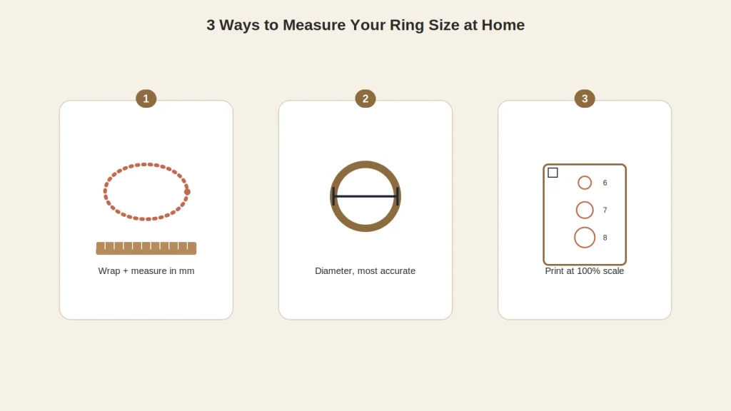 Complete ring size chart organized by finger, gender, and ring type, helping users find the correct ring size for engagement, wedding, and fashion rings.