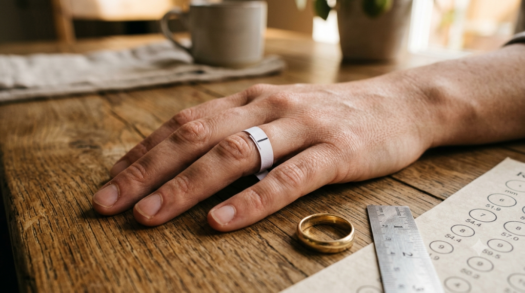 A close-up, natural-light photograph of a person's hand resting on a wooden table, with a thin white paper strip wrapped snugly around the base of their ring finger, marked with a small pen line where it overlaps. Beside the hand: a gold ring lying flat, a small ruler, and a printed ring-sizing chart partially visible. Warm, soft daylight from a window, shallow depth of field with the finger and paper strip in sharp focus.