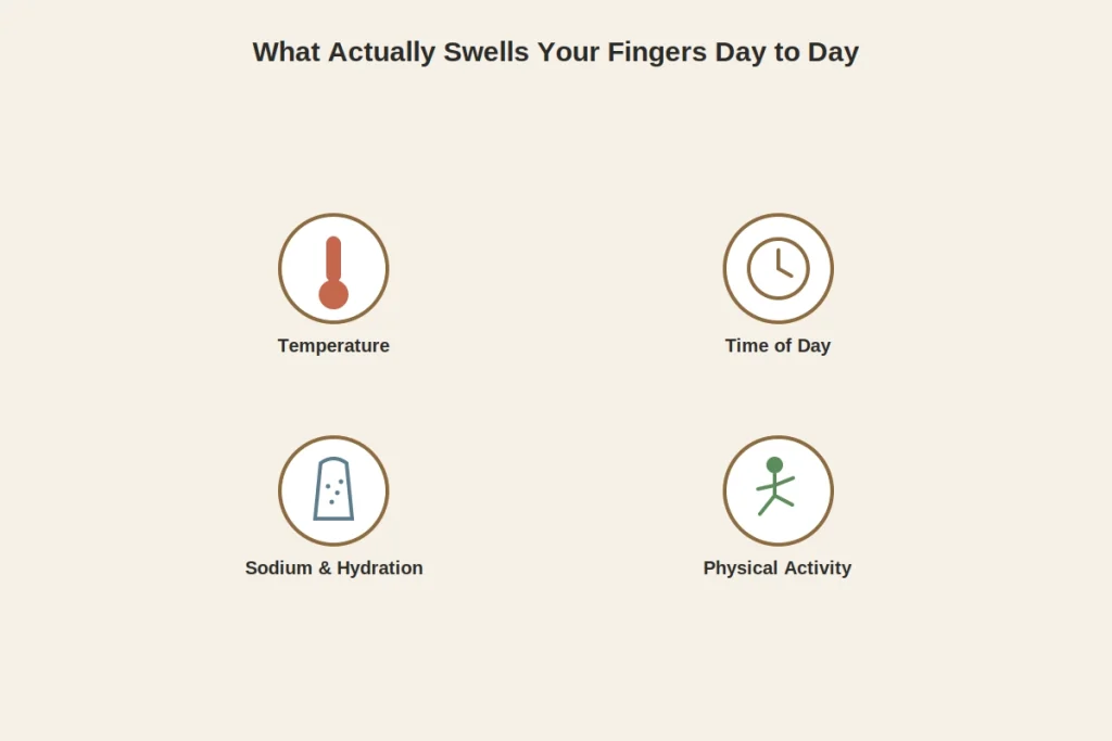Chart showing how finger size varies with weight, temperature, and time of day.