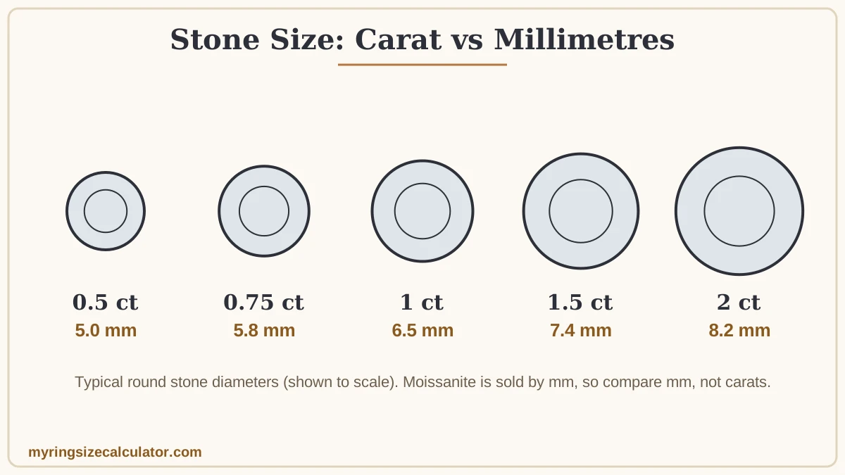 Five round stones from 5.0 mm to 8.2 mm shown to scale with their carat weights