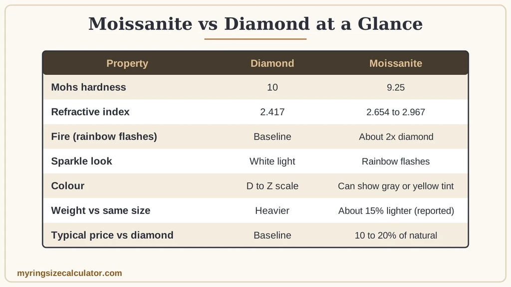 Table comparing diamond and moissanite on hardness, refractive index, fire, sparkle, color, weight and price