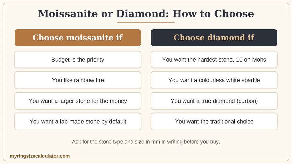 Two columns listing reasons to choose moissanite and reasons to choose diamond