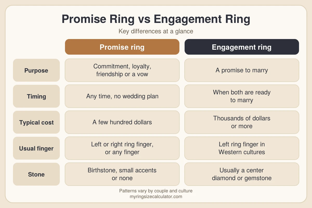 Hand diagram showing which finger a promise ring goes on: left, right, middle finger or necklace.