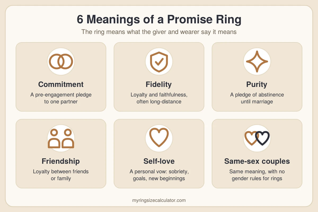 Side-by-side chart of a promise ring vs engagement ring: purpose, timing, cost, finger and stone